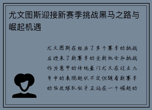 尤文图斯迎接新赛季挑战黑马之路与崛起机遇